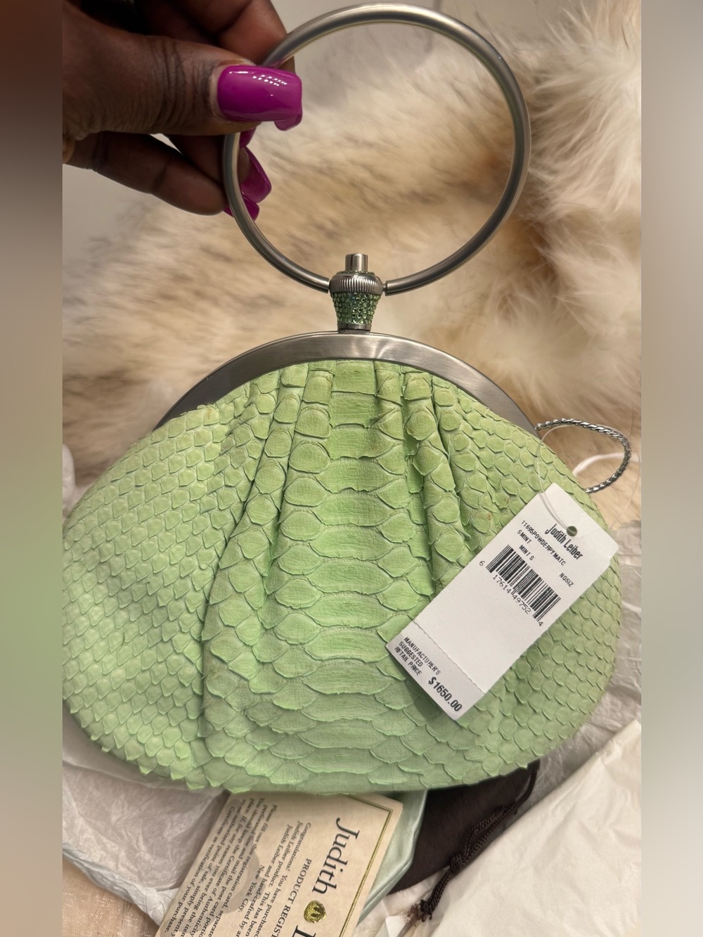 Judith Leiber Lime Green Python-Texture Ring-Handle Clutch